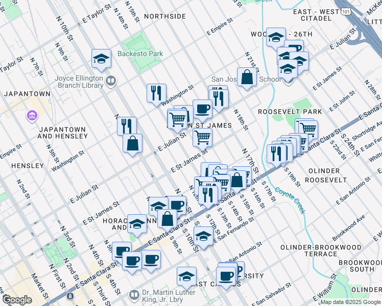 map of restaurants, bars, coffee shops, grocery stores, and more near 643 East Saint James Street in San Jose