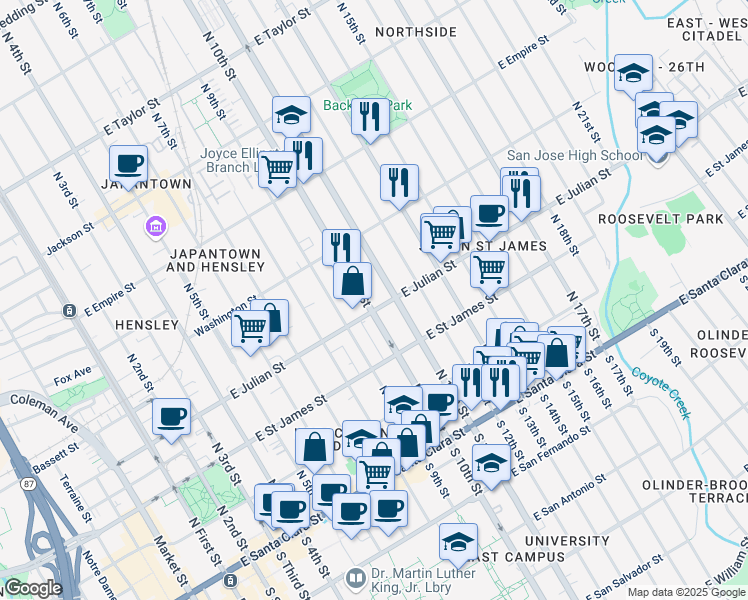 map of restaurants, bars, coffee shops, grocery stores, and more near in San Jose