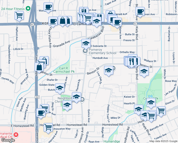 map of restaurants, bars, coffee shops, grocery stores, and more near 3237 Benton Street in Santa Clara