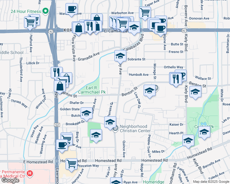 map of restaurants, bars, coffee shops, grocery stores, and more near 3305 Benton Street in Santa Clara