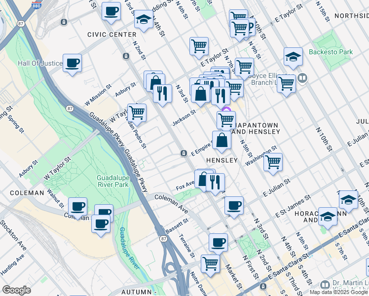 map of restaurants, bars, coffee shops, grocery stores, and more near in San Jose