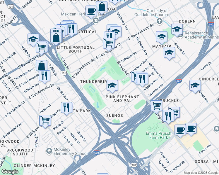 map of restaurants, bars, coffee shops, grocery stores, and more near 1600 Hermocilla Way in San Jose