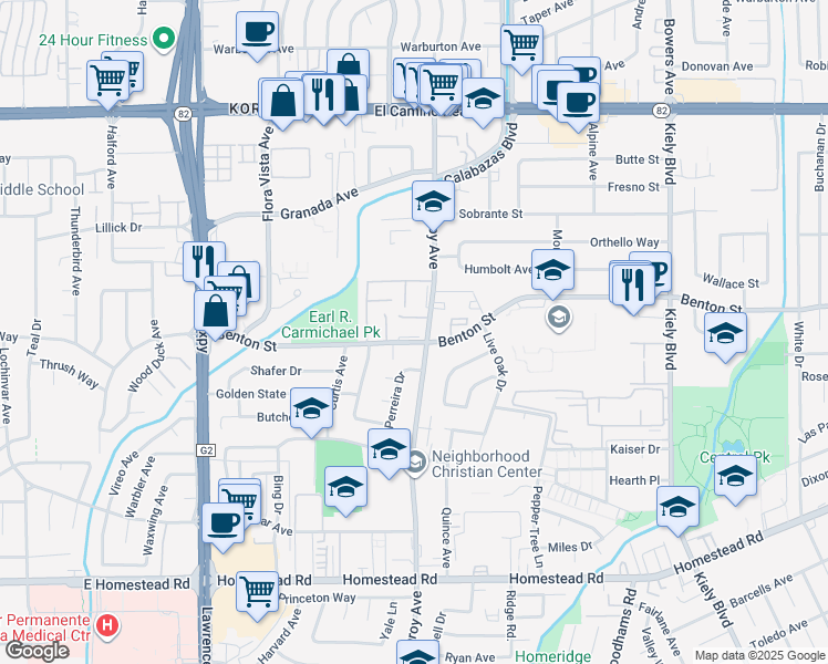 map of restaurants, bars, coffee shops, grocery stores, and more near 3305 Benton Street in Santa Clara