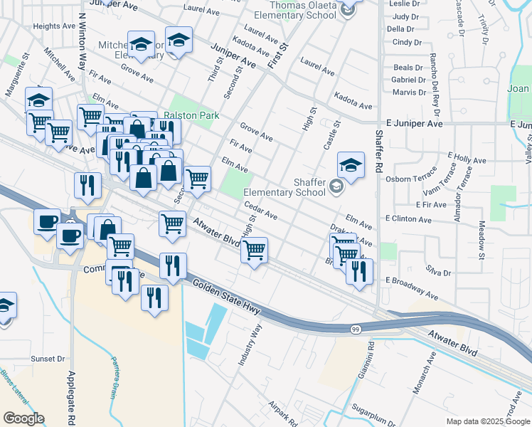 map of restaurants, bars, coffee shops, grocery stores, and more near 648 Cedar Avenue in Atwater