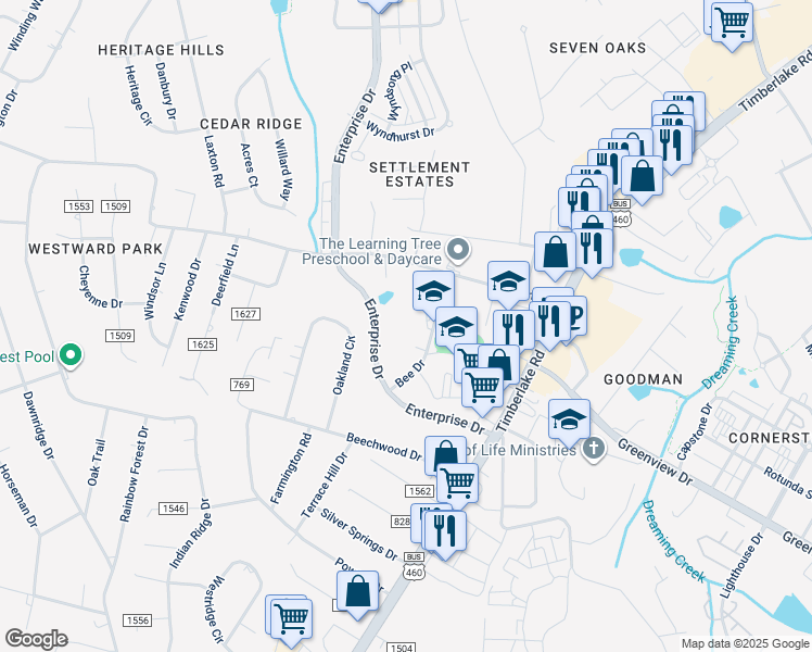 map of restaurants, bars, coffee shops, grocery stores, and more near 320 Bee Drive in Lynchburg