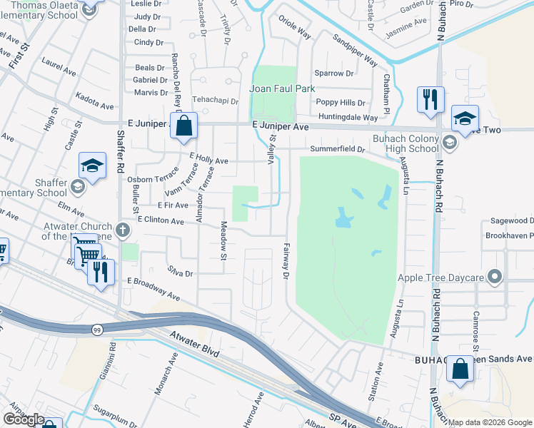 map of restaurants, bars, coffee shops, grocery stores, and more near 1484 Valley Street in Atwater