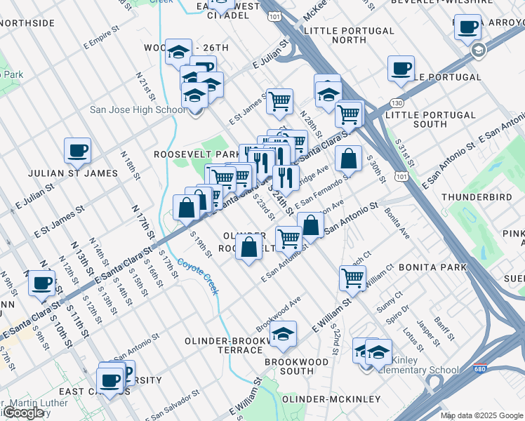 map of restaurants, bars, coffee shops, grocery stores, and more near 39 South 23rd Street in San Jose