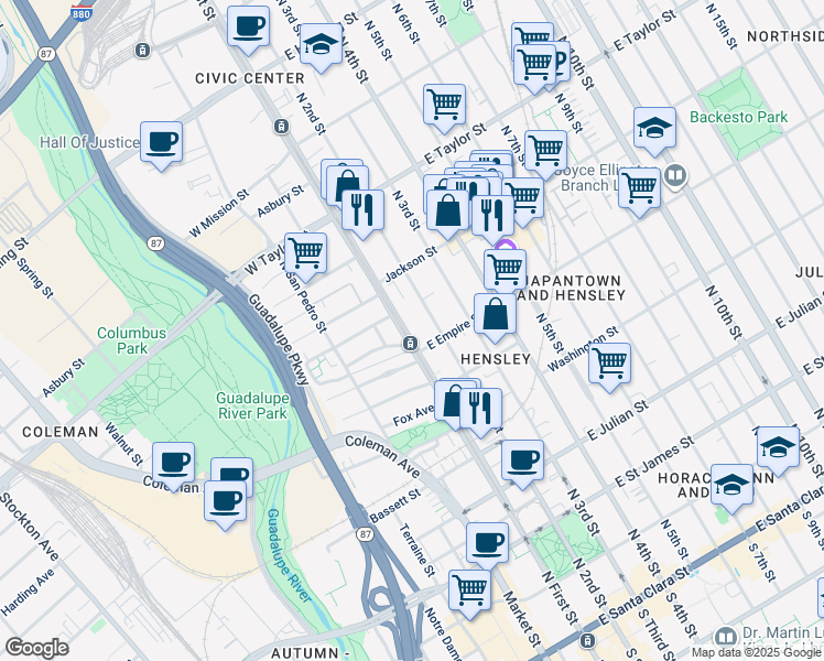 map of restaurants, bars, coffee shops, grocery stores, and more near 530 North 1st Street in San Jose