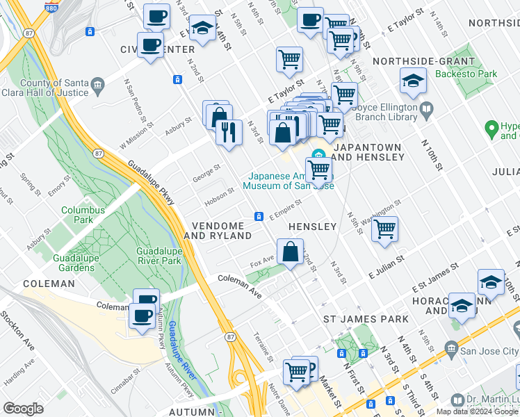 map of restaurants, bars, coffee shops, grocery stores, and more near 530 North 1st Street in San Jose