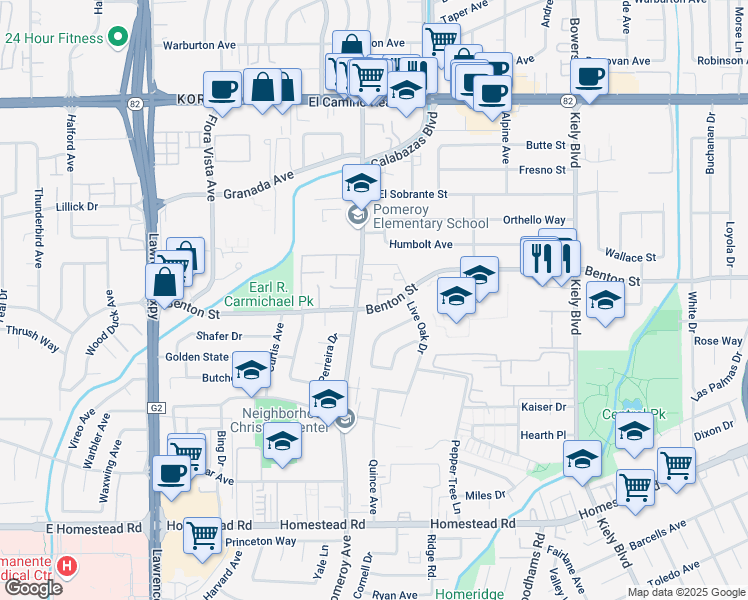 map of restaurants, bars, coffee shops, grocery stores, and more near 3237 Benton Street in Santa Clara
