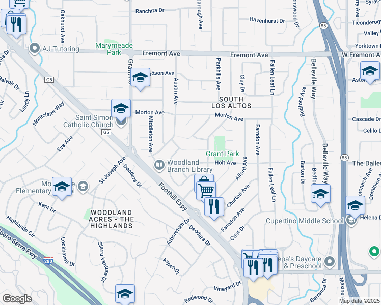 map of restaurants, bars, coffee shops, grocery stores, and more near 1470 Hollidale Court in Los Altos