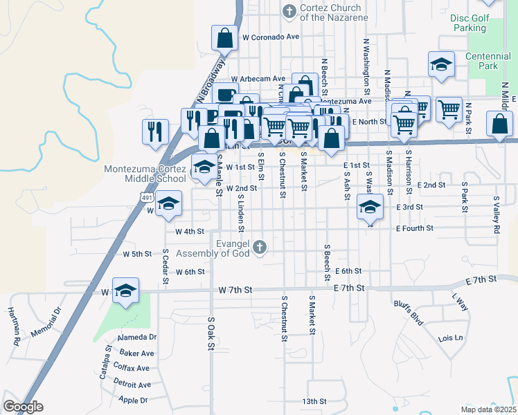 map of restaurants, bars, coffee shops, grocery stores, and more near 222 West 3rd Street in Cortez