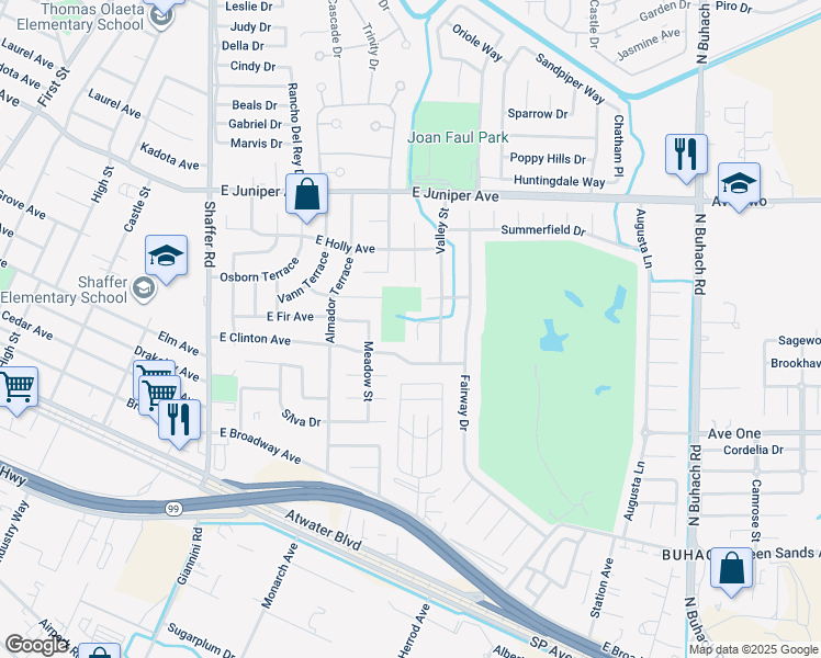 map of restaurants, bars, coffee shops, grocery stores, and more near 1481 Pecan Court in Atwater