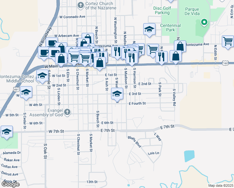 map of restaurants, bars, coffee shops, grocery stores, and more near 301 East 3rd Street in Cortez