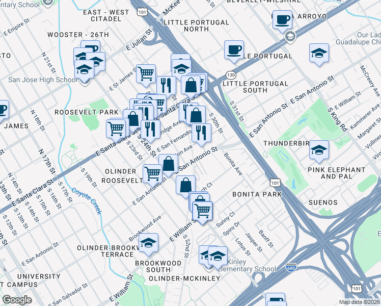 map of restaurants, bars, coffee shops, grocery stores, and more near 1304 Whitton Avenue in San Jose