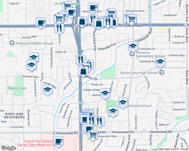 map of restaurants, bars, coffee shops, grocery stores, and more near 3794 Flora Vista Avenue in Santa Clara