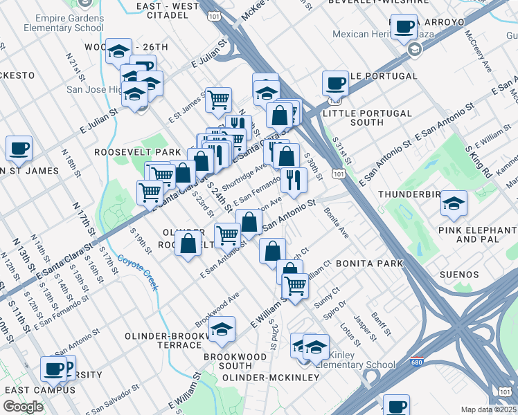 map of restaurants, bars, coffee shops, grocery stores, and more near 145 South 26th Street in San Jose