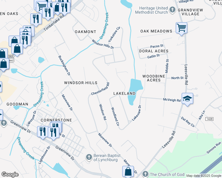 map of restaurants, bars, coffee shops, grocery stores, and more near 126 Chesterfield Road in Lynchburg