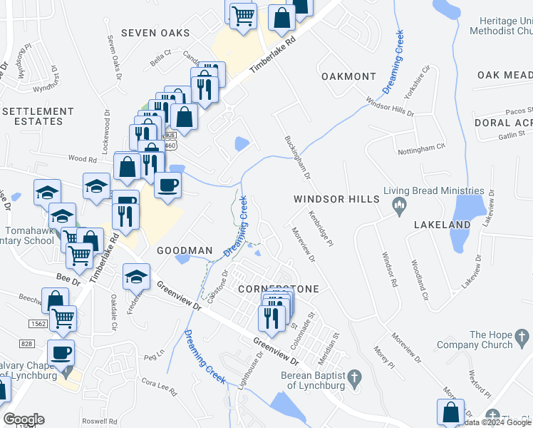map of restaurants, bars, coffee shops, grocery stores, and more near 512 Cornerstone St in Lynchburg