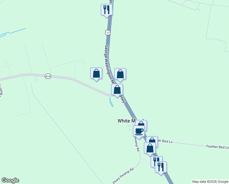 map of restaurants, bars, coffee shops, grocery stores, and more near 5166 George Washington Memorial Highway in Gloucester County