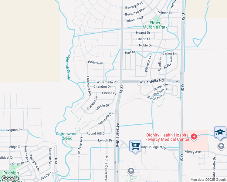 map of restaurants, bars, coffee shops, grocery stores, and more near 4291 Lasalle Drive in Merced