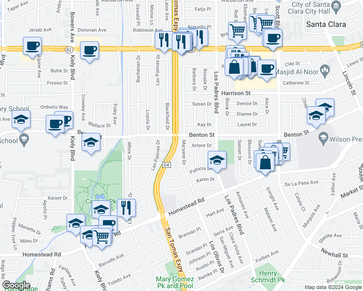 map of restaurants, bars, coffee shops, grocery stores, and more near 992 Maryann Drive in Santa Clara