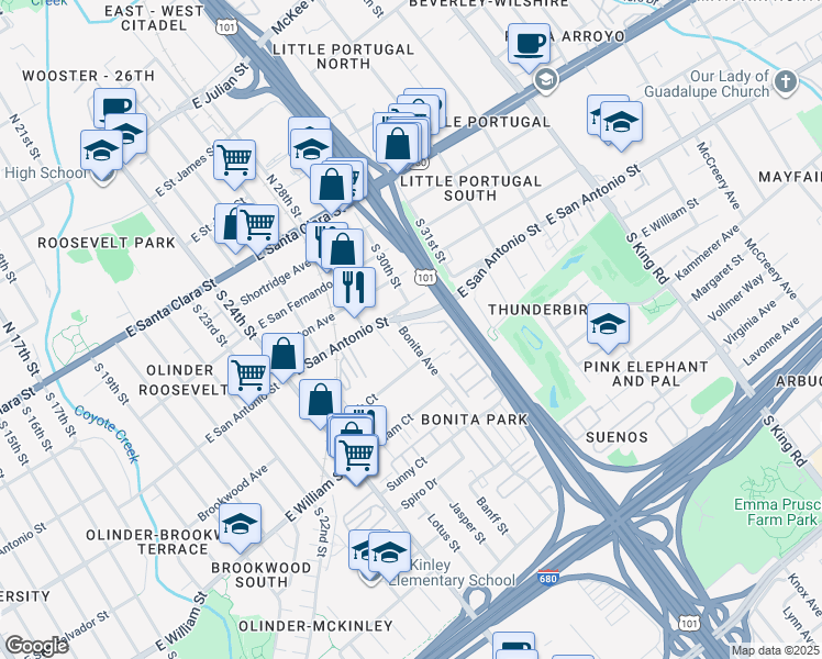 map of restaurants, bars, coffee shops, grocery stores, and more near 238 Bonita Avenue in San Jose