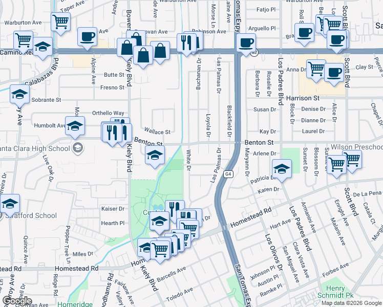 map of restaurants, bars, coffee shops, grocery stores, and more near 1069 White Drive in Santa Clara