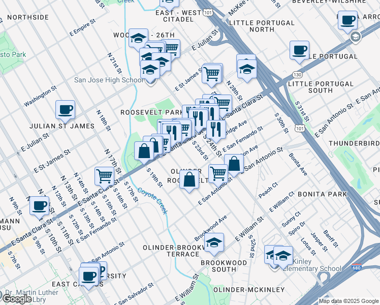 map of restaurants, bars, coffee shops, grocery stores, and more near 30 South 22nd Street in San Jose