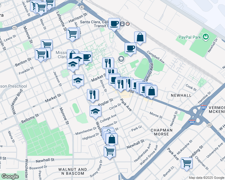 map of restaurants, bars, coffee shops, grocery stores, and more near 735 Locust St in Santa Clara