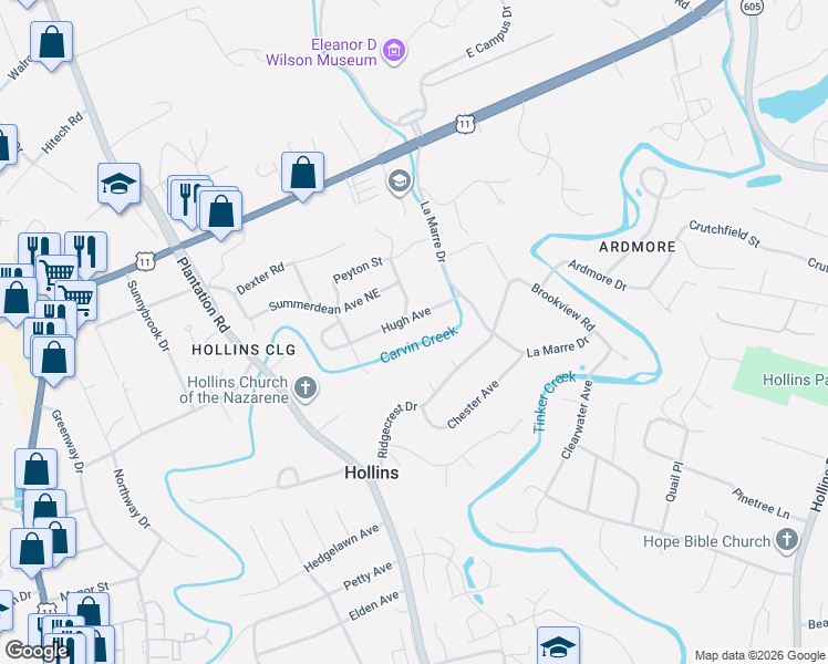 map of restaurants, bars, coffee shops, grocery stores, and more near 909 Hugh Avenue in Hollins