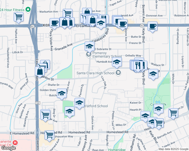 map of restaurants, bars, coffee shops, grocery stores, and more near 3237 Benton Street in Santa Clara