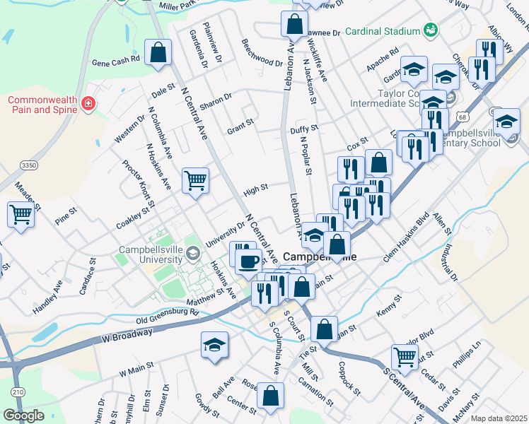 map of restaurants, bars, coffee shops, grocery stores, and more near 315 Robinson Avenue in Campbellsville