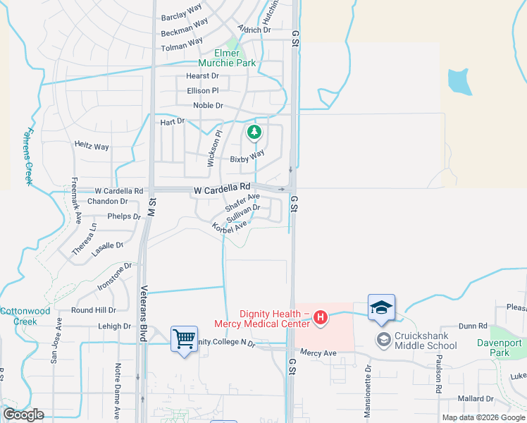 map of restaurants, bars, coffee shops, grocery stores, and more near 189 Korbel Avenue in Merced