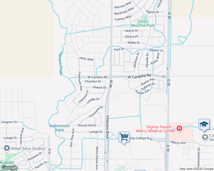 map of restaurants, bars, coffee shops, grocery stores, and more near 4291 Lasalle Drive in Merced