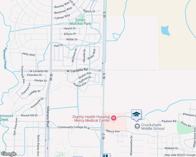 map of restaurants, bars, coffee shops, grocery stores, and more near 4221 Berryesa Avenue in Merced