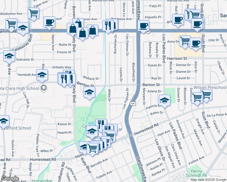 map of restaurants, bars, coffee shops, grocery stores, and more near 1069 White Drive in Santa Clara