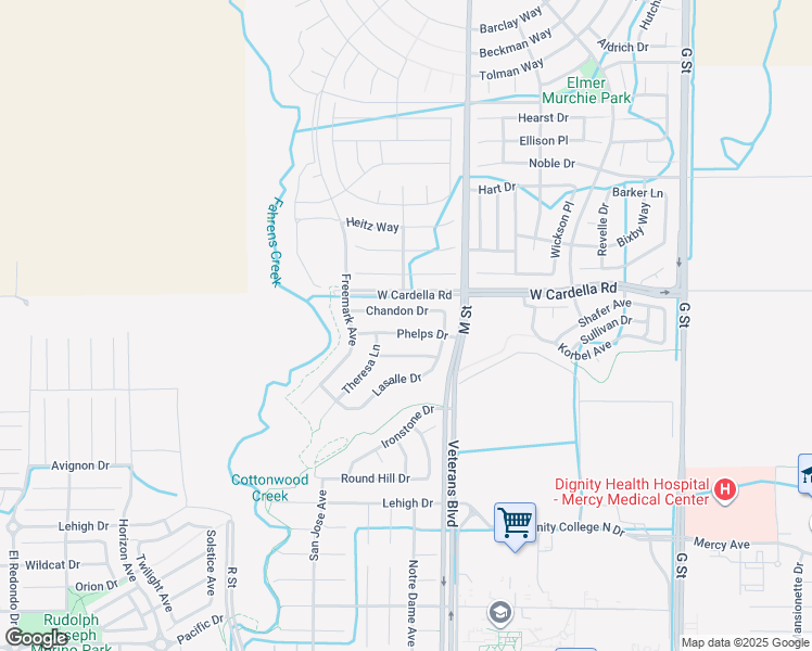 map of restaurants, bars, coffee shops, grocery stores, and more near 665 Phelps Drive in Merced