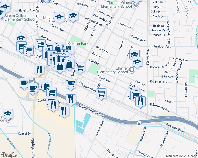 map of restaurants, bars, coffee shops, grocery stores, and more near 755 Broadway Avenue in Atwater