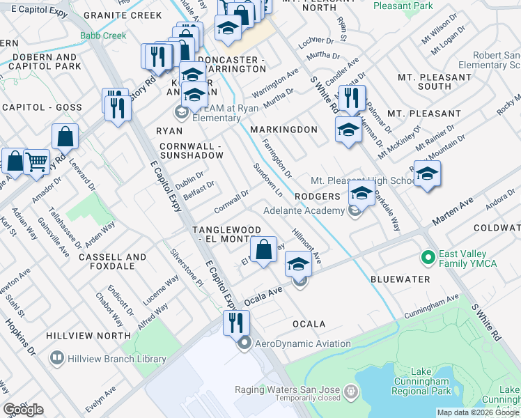 map of restaurants, bars, coffee shops, grocery stores, and more near 1607 Hillmont Avenue in San Jose