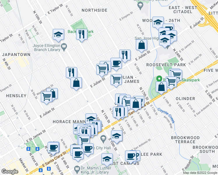 map of restaurants, bars, coffee shops, grocery stores, and more near 237 North 13th Street in San Jose