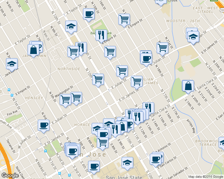 map of restaurants, bars, coffee shops, grocery stores, and more near 261 North 12th Street in San Jose