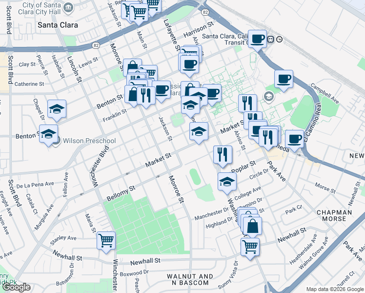 map of restaurants, bars, coffee shops, grocery stores, and more near 1145 Market Street in Santa Clara