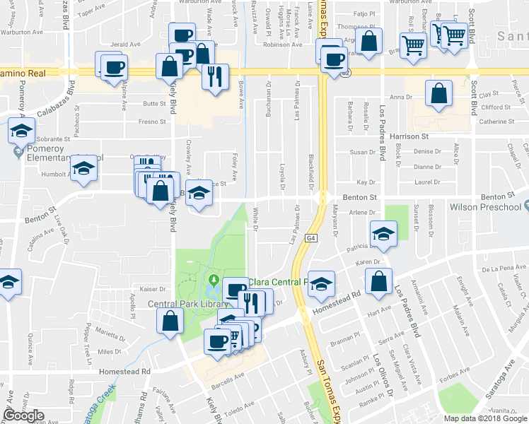 map of restaurants, bars, coffee shops, grocery stores, and more near 1069 White Drive in Santa Clara