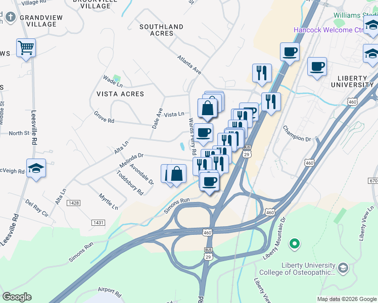 map of restaurants, bars, coffee shops, grocery stores, and more near 101 Melinda Drive in Lynchburg