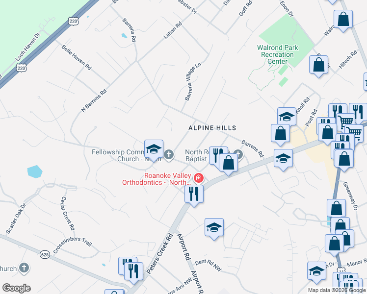 map of restaurants, bars, coffee shops, grocery stores, and more near 1156 Starmount Ave in Roanoke