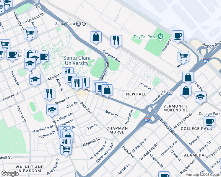 map of restaurants, bars, coffee shops, grocery stores, and more near 1211 Sherwood Avenue in Santa Clara