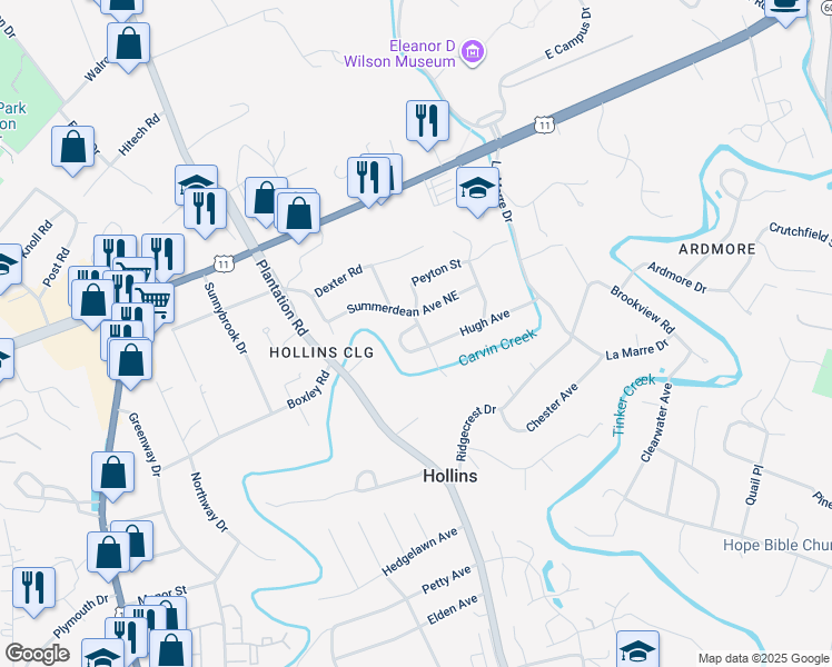 map of restaurants, bars, coffee shops, grocery stores, and more near 7214 Peyton Street in Hollins