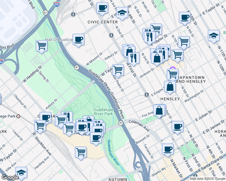 map of restaurants, bars, coffee shops, grocery stores, and more near 190 Acacia Street in San Jose