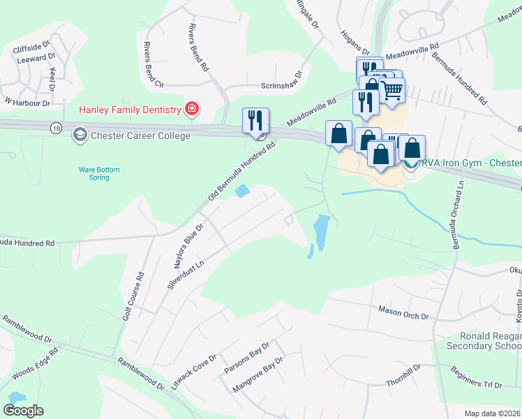 map of restaurants, bars, coffee shops, grocery stores, and more near 13224 Silverdust Lane in Chester